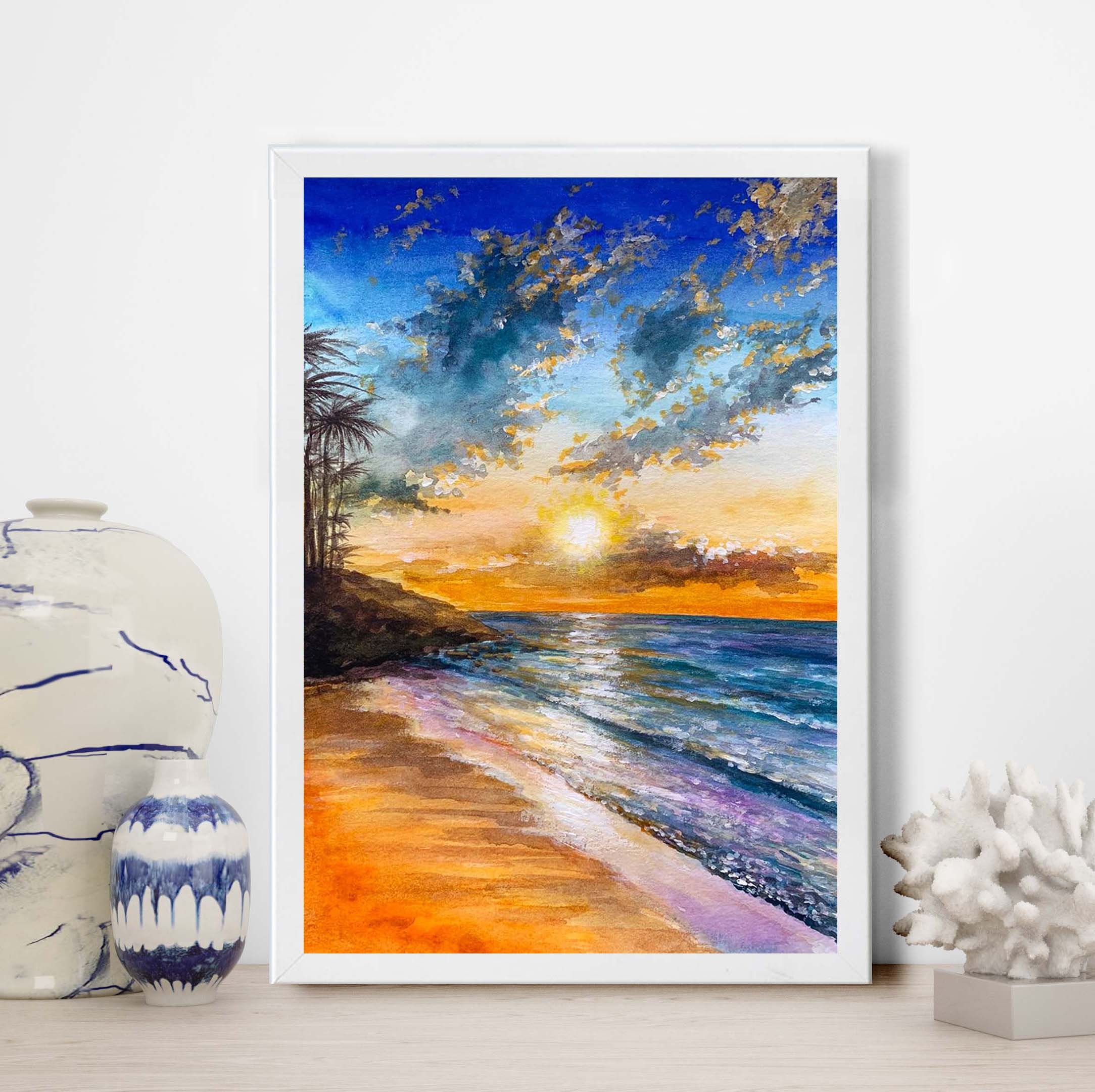 Hawaii Watercolor Painting Original Art 8 X 11 Sunrise Sea Beach