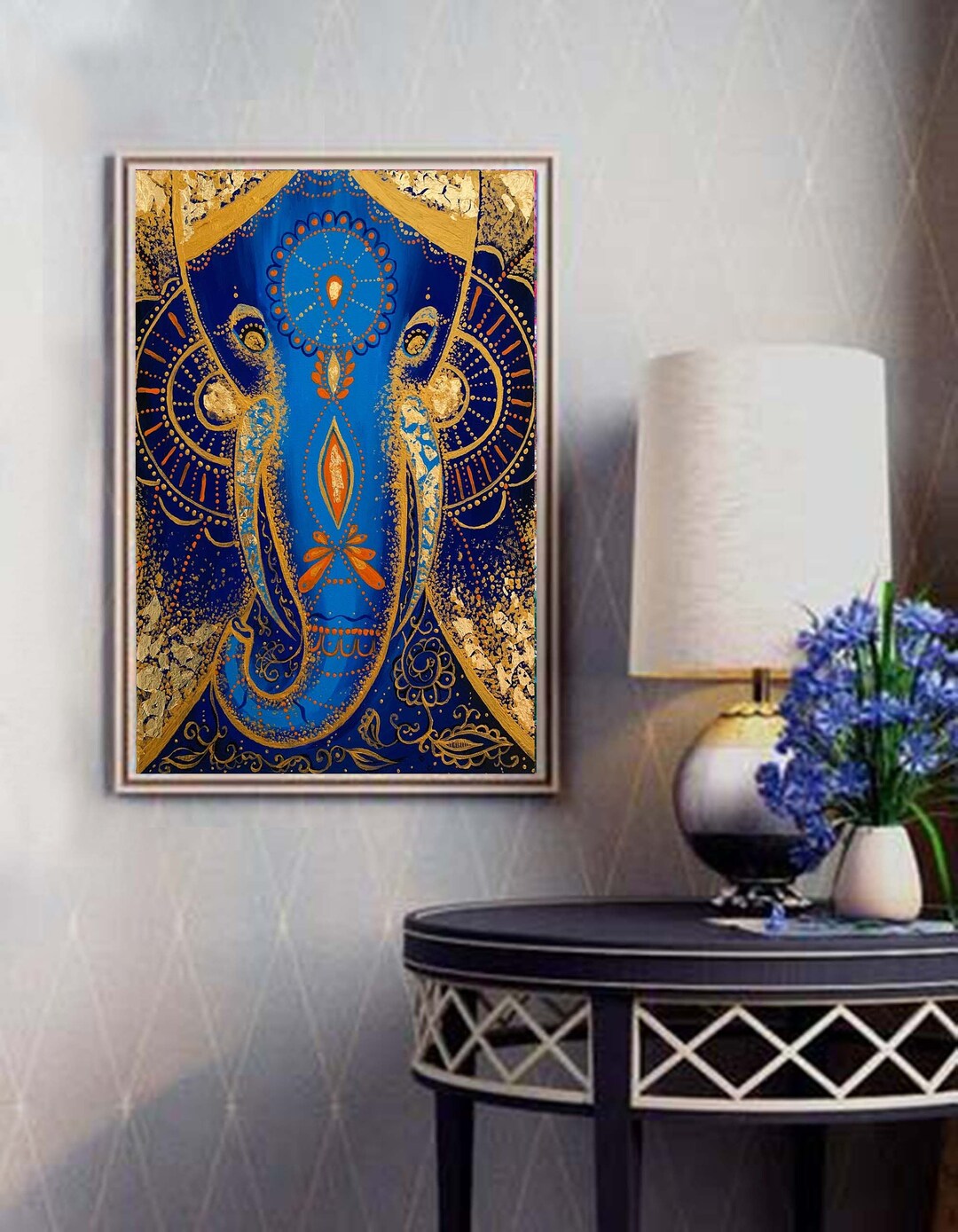 Olifant schilderij olie originele kunst gouden muur kunst abstracte blauwe  diamant Afrikaanse dierlijke moderne kunst 12 bij 16 bronzen canvas ..., image size:1080x1389