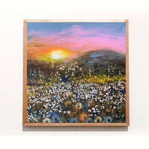 Diente de León campo paisaje óleo pintura original pared lienzo arte 8 por 8 amarillo ucraniano paisaje de montaña natural arte popular flores silvestres