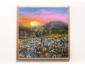 Dandelion Field Landscape Oil Original Painting Wall Canvas Art 8 by 8 Yellow Ukrainian Natural Mountain Landscape Folk Art Wildflowers