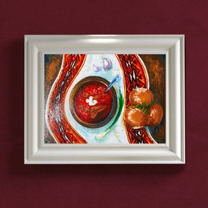 Borsch ucraniano óleo pintura original lienzo arte 8by12 Ucrania comida Pampushka ajo Борщ arte popular Vyshyvka Rushnik toalla bordada