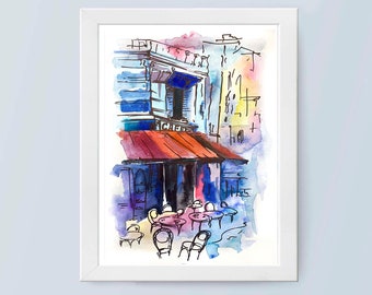 Street Cafe Watercolor Painting Original Art 8 x 11 City Illustration Town Sketch Cityscape Architecture Art Restaurant Drawing Wall Decor