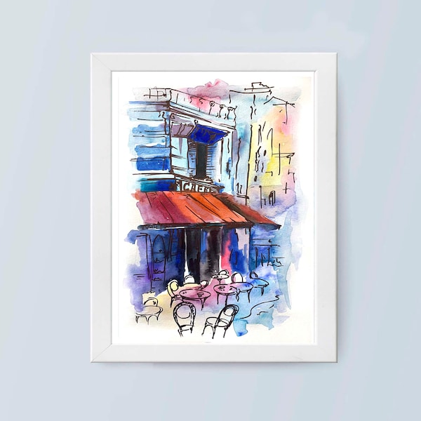 Street Cafe Watercolor Painting Original Art 8 x 11 City Illustration Town Sketch Cityscape Architecture Art Restaurant Drawing Wall Decor