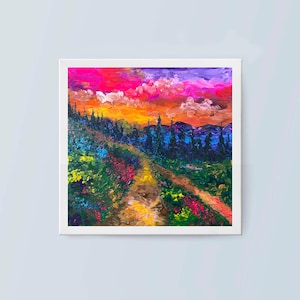 Mountain Landscape Oil Original Painting Wall Canvas Art 8 by 8 Colorado Wild Painting Forest Wildflowers Art Sunset Sky Field Artwork