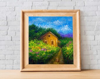Farmhouse Oil Painting Original Art 7.8*8 Cute Sweet Home Nature Landscape Country Summer Folk Art Fairy Vibes Dog Cocker Spaniel