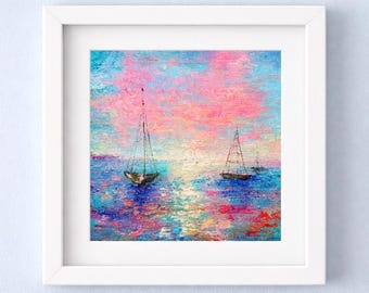 Mini Seascape Original Oil Painting 6x6 Textured Home Decor Sailboat Coastal Wall Art Small Romantic Ocean Gift Summer Picture