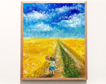 Ukraine Girl Field Landscape Oil Original Painting Wall Canvas Art 7 by 8 Yellow Wheat Blue Sky Peace Ukrainian Art Folk Homeland Art Decor