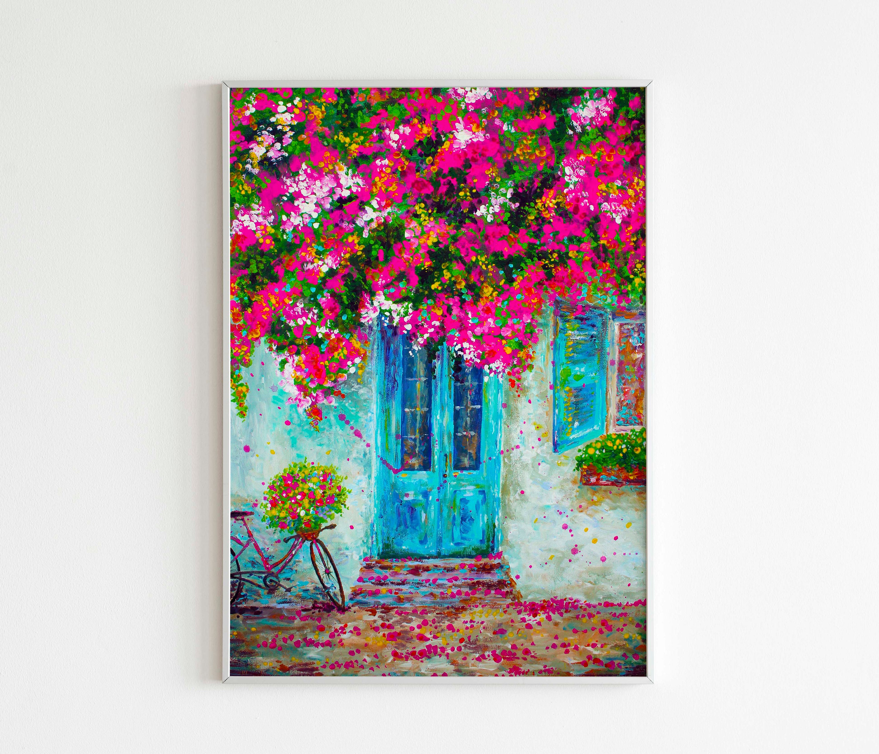 Wooden Door With Flowers, Cozy Greek Street With Bicycle, Original