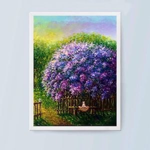 Fleur de lilas fleurs peinture à l'huile Original Art 6 * 8 Village paysage violet arbre bougainvillier ukrainien Nature folk art chat oeuvre d'art Ukraine