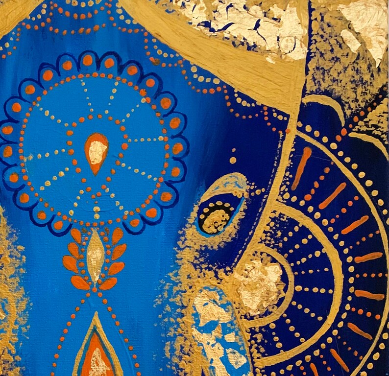 Elephant Painting Oil Original Art Gold Wall Art Abstract Blue Etsy