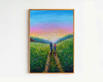 Village Summer Art Oil Painting Original 6x8 Bicycle Kids Country Landscape Ukrainian Folk Art Lovely Cute Mini Gift Sunset Field