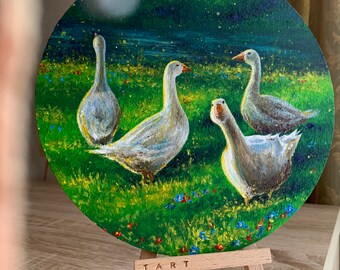 Geese Oil Painting Original Art Round Canvas 8 by 8 Ukrainian Gift Landscape Summer Village Folk Art Country Duck Sunlight Farmhouse Artwork