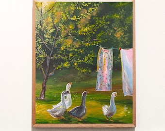 Summer Yard Geese Oil Original Painting Wall Canvas Art 9 by 12 Ukrainian Landscape Folk Art Ukraine Garden Duck Sunlight Village Country