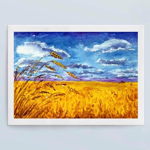 Ukrainian Field Landscape Watercolor Painting Original Art 8 x 11 Yellow Wheat Blue Sky Folk Art Interior Wall Art Decor Ukraine Patriotic