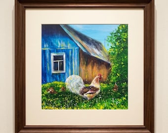 Rooster Oil Painting Original Art Small Countryside Landscape 8x8 Farmhouse Kitchen Wall Decor Chicken Painting Cozy Rustic Ukraine Village