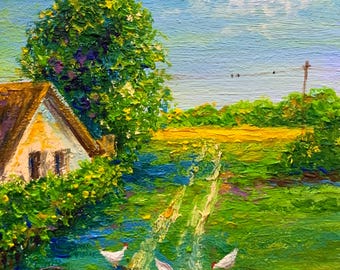 Ukrainian Village Oil Painting: Cottagecore Farm Scene, 4x4 Mini Art
