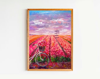 May include: A white bicycle with a basket full of pink flowers sits in a field of pink flowers. The sky is blue with white clouds and a wooden signpost points in multiple directions.