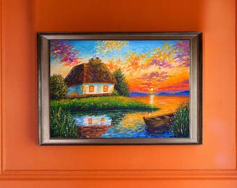 Ukrainian Landscape Oil Painting Original Art 8x12 Traditional Khata FolkArt Cozy Ukraine Countryside Decor Stork Nest Sunset Christmas Gift