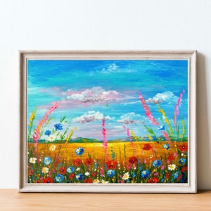 Campo Ucrânia Paisagem Óleo Pintura Original Arte em Tela de Parede 8 por 9 Céu Azul Flores de Papoula Flores Silvestres Arte Vila Rural Arte Folclórica Decoração