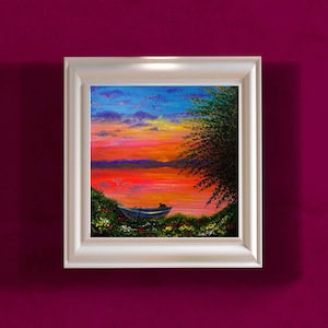 Evening River Oil Painting Original Canvas Art Folk Art 8 by 8 Ukrainian Landscape Village Sunset Boat Artwork Sunrise Wall Art Country