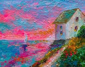 Seaside Cottage Oil Painting Original 6x6 Sailing Boat Ocean Sunset Seascape Impasto Artwork Coastal Wall Art Sea Nostalgia Romantic Gift