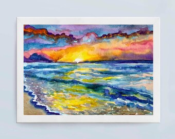 Sunset Ocean Watercolor Painting Original Art Seascape Artwork Nautical Art 8x11 Home Decor Sea Wall Art Watercolor Landscape Sunrise Hawaii