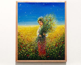 Ukrainian Girl Oil Painting Original Art 8 by 7 Field Landscape Wildflowers Folk Art Ukraine Women Poppy Flowers Wreath Vishovanka Shirt