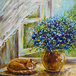 May include: An oil painting featuring a sleeping ginger cat curled up next to a round, golden-brown vase filled with a dense bouquet of vibrant blue, yellow, and white flowers, all set on a windowsill with sheer white curtains and a garden view.