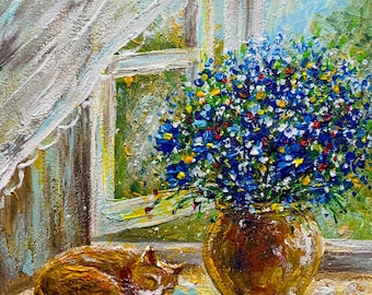 Cat Ginger Oil Painting Original Art 4x4 Cozy Window Spring Flowers Farmhouse Country Home Village Wall Art Mini Gift for Her Grandma House