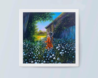 Girl Dandelion Landscape Oil Original Painting Wall Canvas Art 8 by 8 Ukrainian Yard Wildflowers Summer Childhood Village Rustic Art