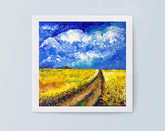 Ukrainian Field Landscape Oil Original Painting Wall Canvas Art 8 by 8 Yellow Wheat Blue Sky Poppy Wildflowers Folk Art Interior Art Decor