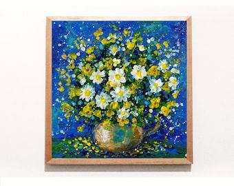 Wildflowers Bouquet Oil Original Painting Canvas Art Chamomile Flowers 8 by 8 Still Life Artwork Small Picture Interior Ukrainian Wall Decor