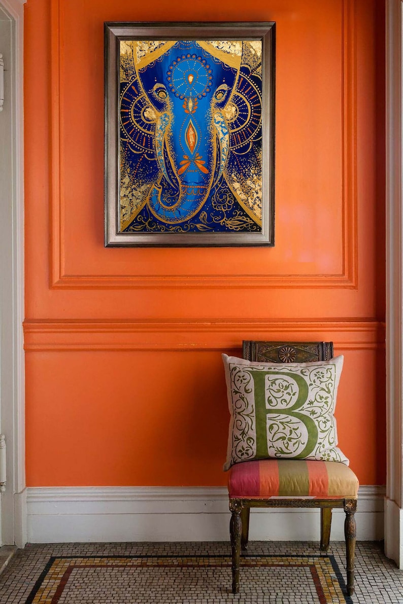 Elephant Painting Oil Original Art Gold Wall Art Abstract Blue Etsy