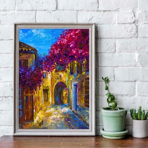 Vintage Street Oil Painting Original Art 8 x 12 Santorini Greece Bloom Tree Flowers Landscape Interior Decor Pink Bougainvillea Wall Art Cat