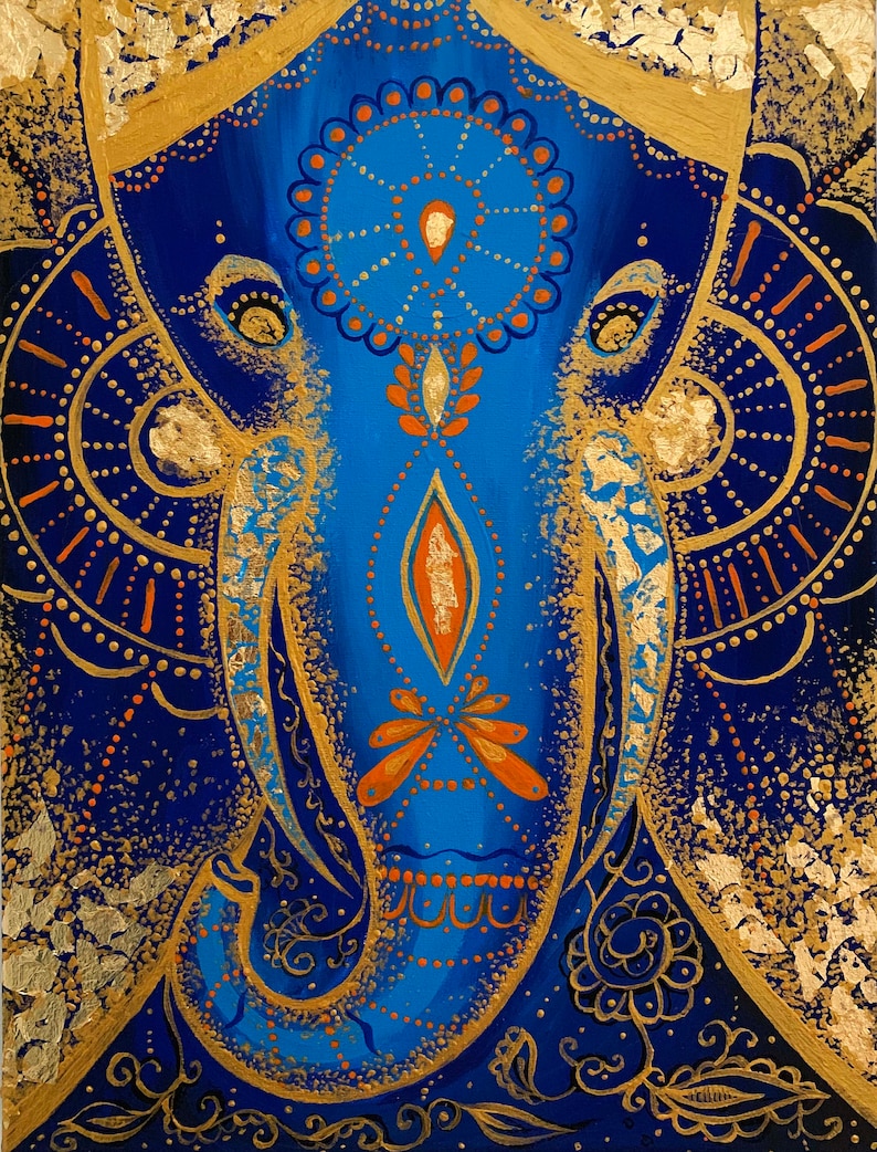 Elephant Painting Oil Original Art Gold Wall Art Abstract Blue Etsy