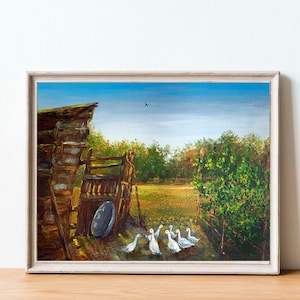 Patio ucraniano Pintura al óleo Arte original 12 por 8 Pueblo Paisaje Arte popular Ucrania Jardín Pato Luz del sol País Gansos Lienzo de pared Arte