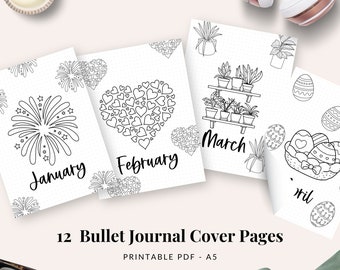 May include: A set of 12 bullet journal cover pages featuring black and white illustrations. Each page is labelled with a month, including January, February, March, and April. The designs include fireworks, hearts, plants, and Easter eggs. The text "12 Bullet Journal Cover Pages" is also visible.