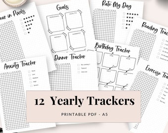 12 PRINTABLE Trackers Bundle A5 bullet Journal Pages  A5 Planner Title Page, Bullet Journal Pages, Premade Bujo Template Bundle