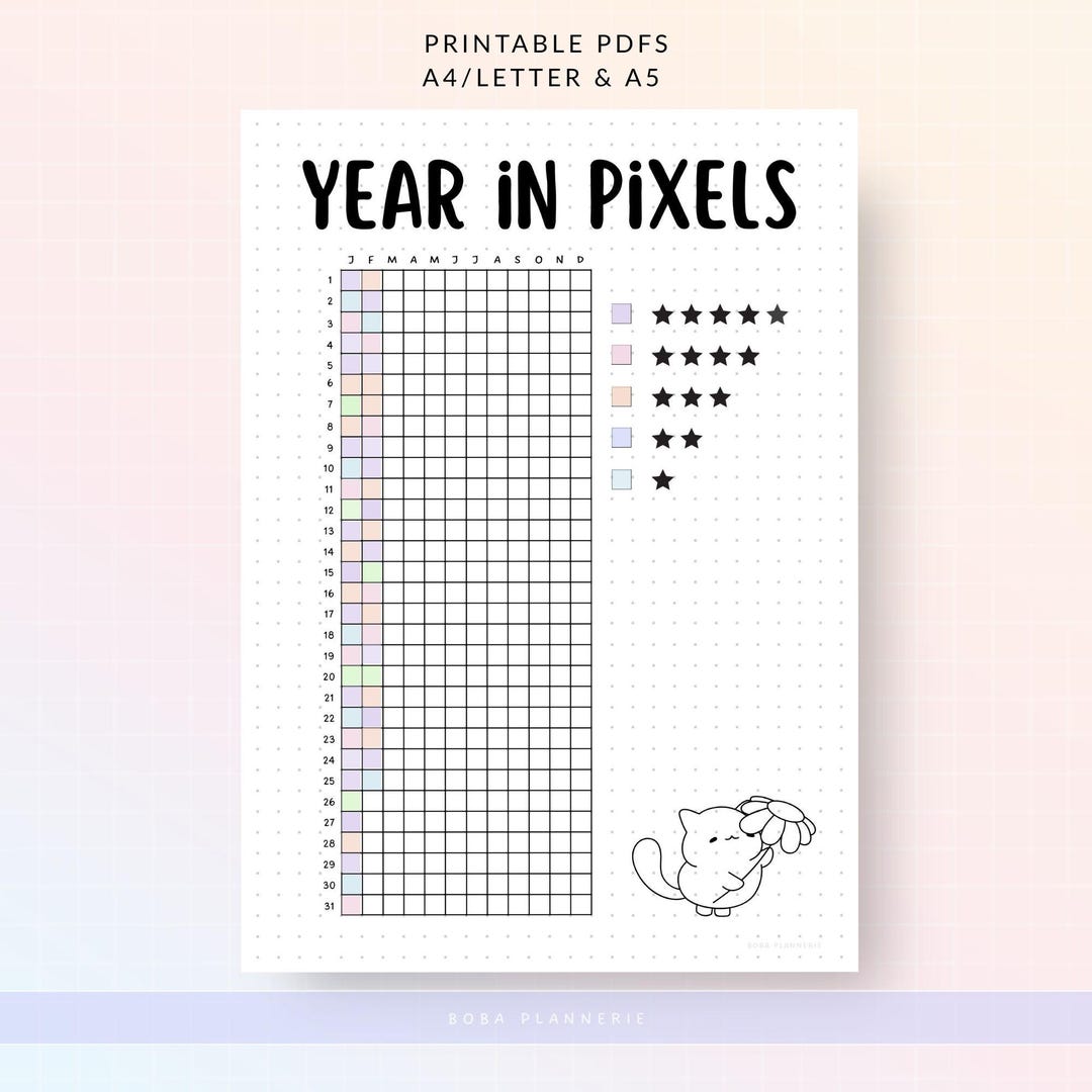 Printable Year in Pixels, A5 Bullet Journal Planner Page, Kawaii Cat ...