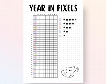 Printable Year in pixels, A5 Bullet Journal Planner Page, Kawaii Cat Lover Journal, Cute Premade Bujo Template Bundle, 2026 Bujo Tracker