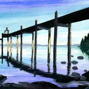 Tahoe Adler Aquarell Poster - Serene Lake Tahoe Szene - Natur Wandkunst - Wasserreflexionen