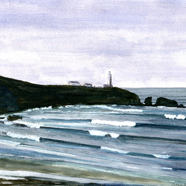 Yaquina Head Lighthouse, Oregon Coast, Seascape, Cliffs, Waves, Newport Oregon, Agate Beach, Frame-Ready Watercolor Matted Print, 2021.