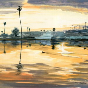 May include: A watercolor painting depicts a sunset over a calm body of water with golden reflections. Silhouettes of palm trees and a distant boat line the horizon under a cloudy sky. A small bird swims in the center. Signed Peter Redford 2025.