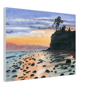 Butterfly Beach Sunset Canvas Print - Watercolor Art Santa Barbara Cobblestones, Coastal Landscape, Nature Art Décor, Wall Art, Ocean View