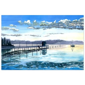 Lake Tahoe Pier bei Sonnenuntergang, Aquarell Malerei - Fine Art Poster, Reflexionen, Serene Himmel, Bootfahren, Natur Kunst, Home Décor, Ruhe.