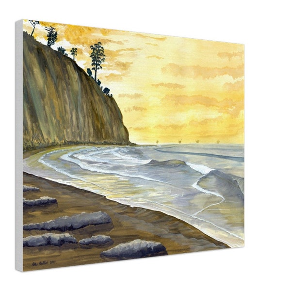 Hendry's Beach Sunrise, Watercolor - Canvas Print. Silhouetted Cliffs, Morning Beach Walk, Arroyo Burro Beach, Mesa Beaches, 2024.