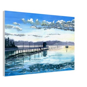 Lake Tahoe Pier at Sunset, Watercolor Canvas Print, Landscape Art, Reflections, Serene Sky, Boating, Nature Art, Home Décor, Tranquility.