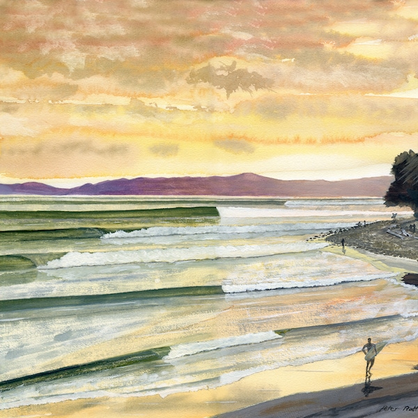 Rincon Cove at Sunset, Santa Barbara, Ventura Beaches, California, Frame-Ready Watercolor Matted Print, Surfing Rincon, Glassy Waves, 2023.