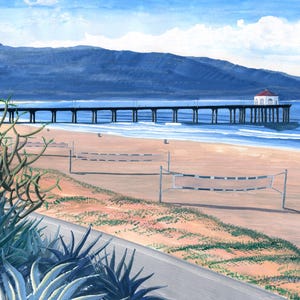 May include: Watercolor painting of a beach scene with a long pier extending into the ocean. The pier has a small building at the end. Volleyball nets are set up on the sandy beach. Mountains are in the background under a blue sky.