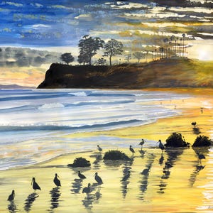 Leadbetter Beach Curlews - Poster acquerello, Santa Barbara Art di Peter Radford, Bird Watching, regalo per gli amanti della natura, tramonto sulla spiaggia